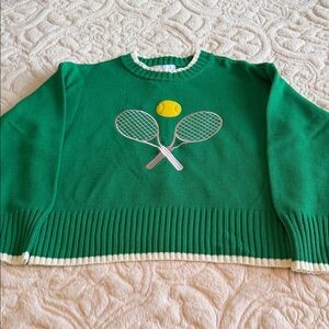 Marled Green Crewneck Sweater with Tennis Racket Appliqué